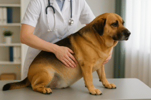 Veterinarian palpating ribs to assess pet weight
